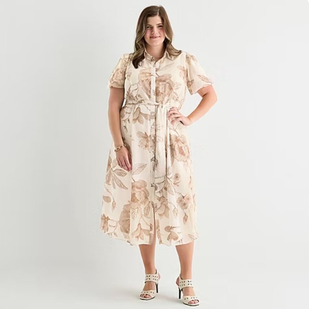 Sandra Darren Floral Puff Sleeve Shirtdress in Ivory & Mocha 1X - NEW